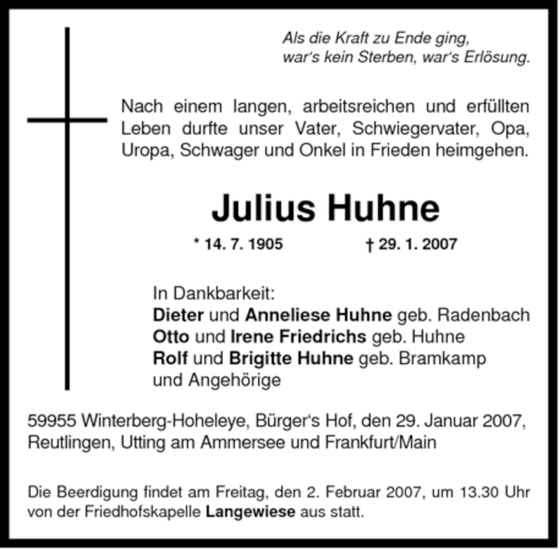  Traueranzeige für Julius Huhne vom 31.01.2007 aus Tageszeitung