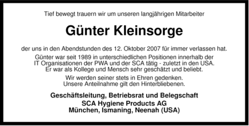  Traueranzeige für Günter Kleinsorge vom 16.10.2007 aus Tageszeitung