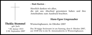 Traueranzeige von Thekla Stommel von Tageszeitung