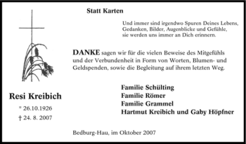 Traueranzeige von Resi Kreibich von Tageszeitung