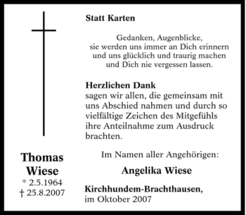 Traueranzeige von Thomas Wiese von Tageszeitung