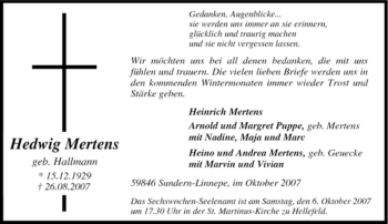 Traueranzeige von Hedwig Mertens von Tageszeitung