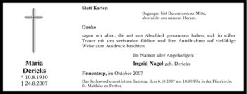 Traueranzeige von Maria Dericks von Tageszeitung
