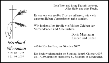 Traueranzeige von Bernhard Miermann von Tageszeitung
