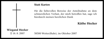Traueranzeige von Wiegand Hecker von Tageszeitung