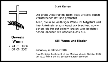 Traueranzeige von Severin Wurm von Tageszeitung