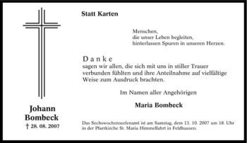 Traueranzeige von Johann Bombeck von Tageszeitung