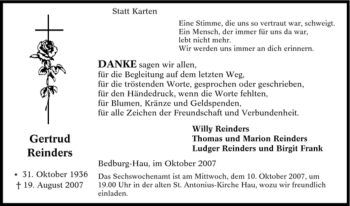 Traueranzeige von Gertrud Reinders von Tageszeitung