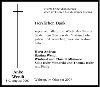 Traueranzeige von Anke Wendt von Tageszeitung