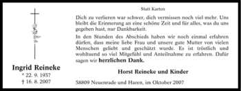 Traueranzeige von Ingrid Reineke von Tageszeitung