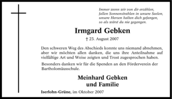 Traueranzeige von Irmgard Gebken von Tageszeitung
