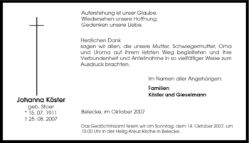 Traueranzeige von Johanna Köster von Tageszeitung