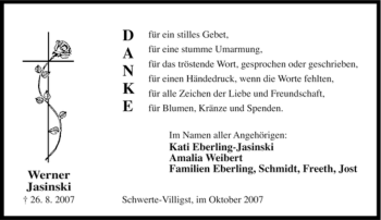 Traueranzeige von Werner Jasinski von Tageszeitung