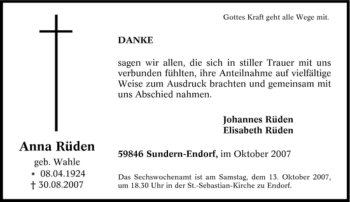 Traueranzeige von Anna Rüden von Tageszeitung