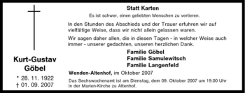 Traueranzeige von Kurt-Gustav Göbel von Tageszeitung