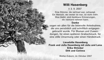 Traueranzeige von Willi Hasenberg von Tageszeitung