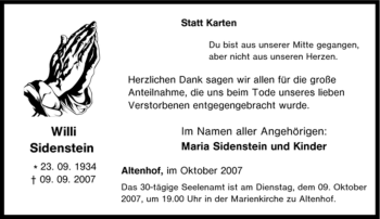 Traueranzeige von Willi Sidenstein von Tageszeitung