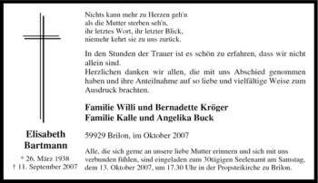 Traueranzeige von Elisabeth Bartmann von Tageszeitung