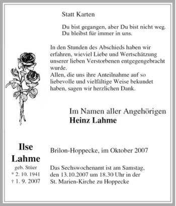 Traueranzeige von Ilse Lahme von Tageszeitung