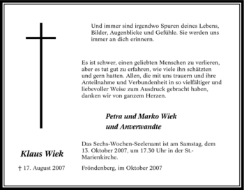 Traueranzeige von Klaus Wiek von Tageszeitung