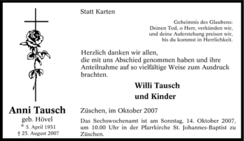 Traueranzeige von Anni Tausch von Tageszeitung