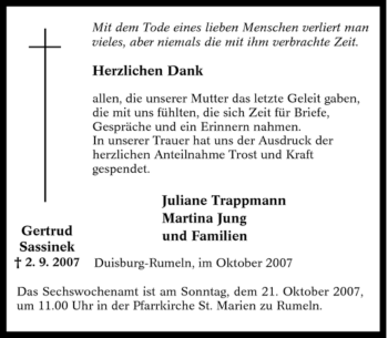 Traueranzeige von Gertrud Sassinek von Tageszeitung