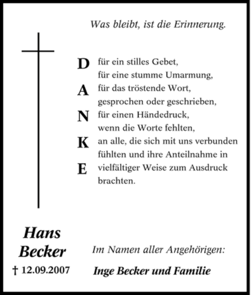  Traueranzeige für Hans Becker vom 06.10.2007 aus Tageszeitung