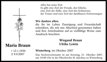 Traueranzeige von Maria Braun von Tageszeitung