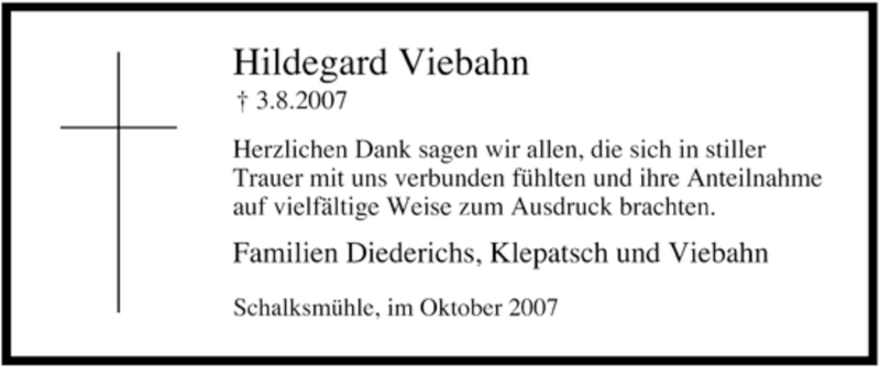  Traueranzeige für Hildegard Viebahn vom 06.10.2007 aus Tageszeitung