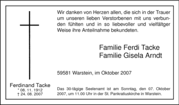 Traueranzeige von Ferdinand Tacke von Tageszeitung