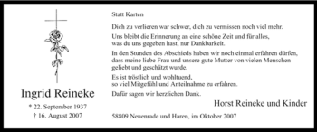 Traueranzeige von Ingrid Reineke von Tageszeitung