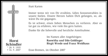 Traueranzeige von Horst Schindler von Tageszeitung