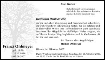 Traueranzeige von Fränzi Ohlmeyer von Tageszeitung