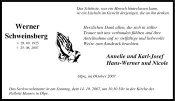 Traueranzeige von Werner Schweinsberg von Tageszeitung