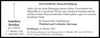 Traueranzeige von Anneliese Drießen von Tageszeitung