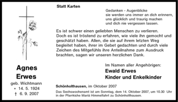 Traueranzeige von Agnes Erwes von Tageszeitung