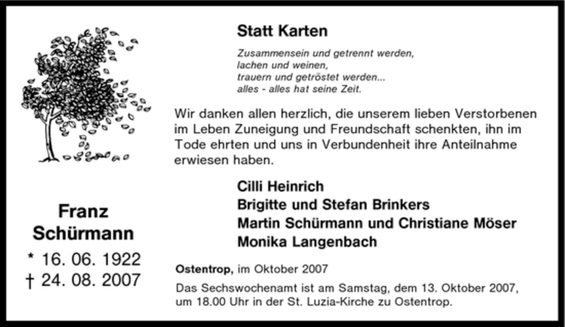  Traueranzeige für Franz Schürmann vom 09.10.2007 aus Tageszeitung