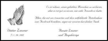 Traueranzeige von Dieter Zeuner von Tageszeitung