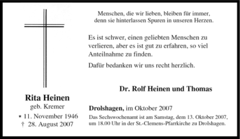 Traueranzeige von Rita Heinen von Tageszeitung