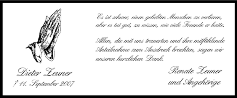  Traueranzeige für Dieter Zeuner vom 09.10.2007 aus Tageszeitung
