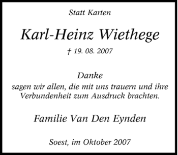 Traueranzeige von Karl-Heinz Wiethege von Tageszeitung