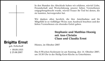 Traueranzeige von Brigitta Ernst von Tageszeitung