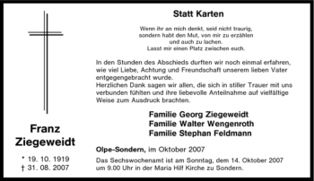 Traueranzeige von Franz Ziegeweidt von Tageszeitung