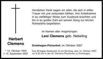 Traueranzeige von Herbert Clemens von Tageszeitung