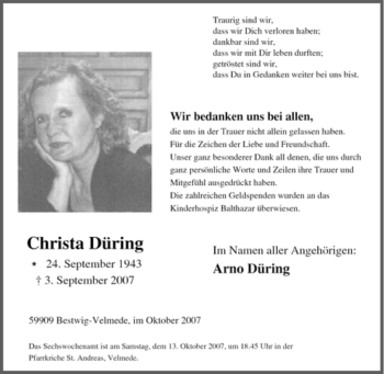 Traueranzeige von Christa Düring von Tageszeitung