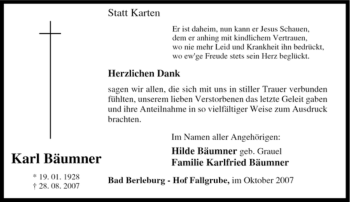 Traueranzeige von Karl Bäumner von Tageszeitung
