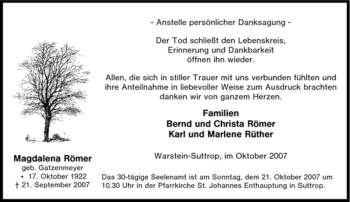 Traueranzeige von Magdalene Römer von Tageszeitung