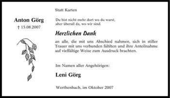 Traueranzeige von Anton Görg von Tageszeitung