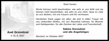 Traueranzeige von Axel Grzondziel von Tageszeitung
