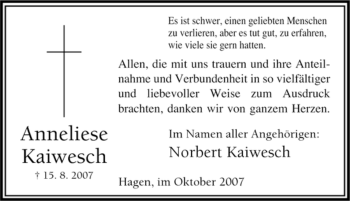 Traueranzeige von Anneliese Kaiwesch von Tageszeitung